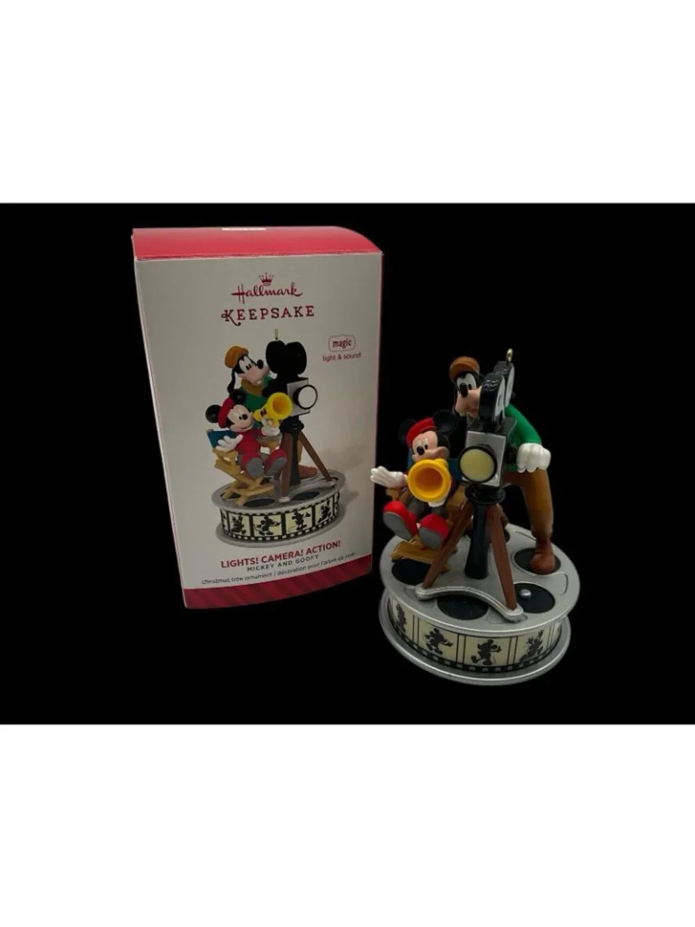 Hallmark Disney Mickey Mouse and Goofy Lights Camera Action Magic Ornament 2014